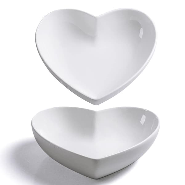 Store hjerteformede skåler 2 stk Porselen Hvit Hjerteformet fat for desserter/salat/frukt/pasta eller romantisk middag, 23 cm