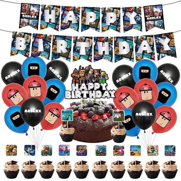 Roblox Pixel Party Servise Dekorasjonssett Papirtallerkener Krus Festutstyr Barnebursdagsbanner Ballonger 12 Cupcakes 12 Cupcakes