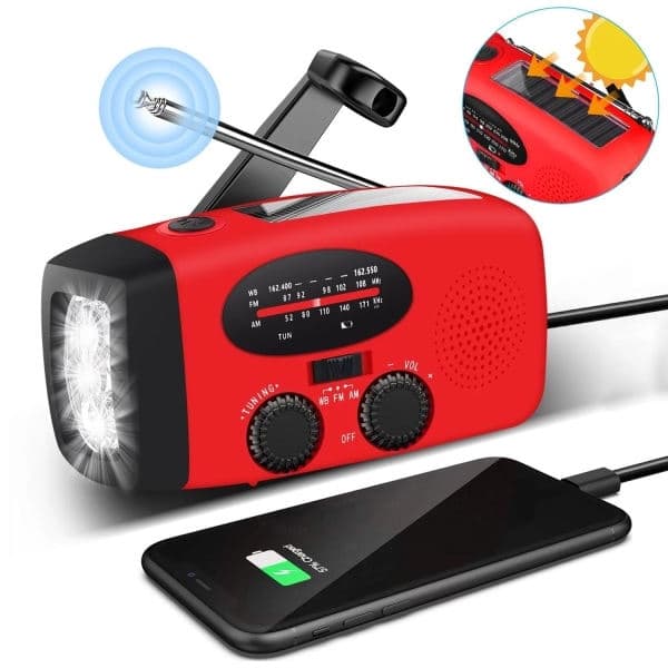 Oppgradert 2026 nødradio med håndsveiv, solcellepanel, lommelykt og 2000mAh powerbank; SOS; AM/FM-radio; NOAA bærbar væradio.