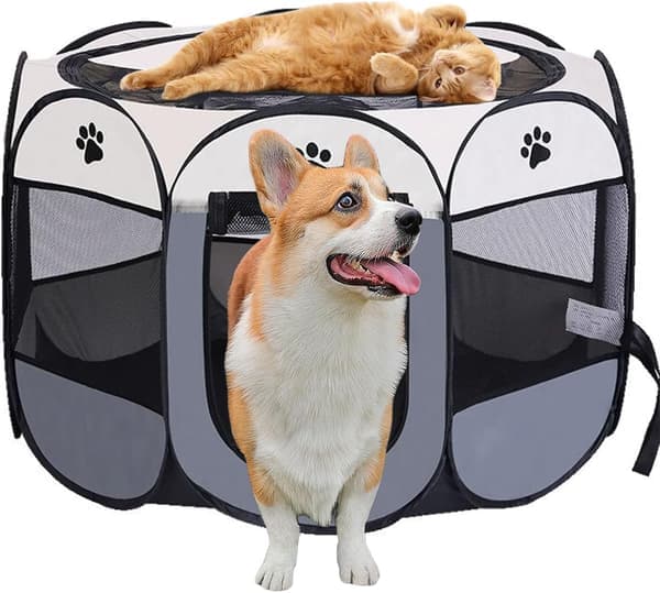 Sammenleggbar hundegård / valpebinge – Bærbar lekegrind for hund, katt og kanin, vanntett Oxford grå S-74x74x43cm