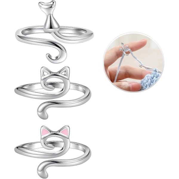 3 stk Strikkede Ringer for Hekling Justerbar Heklering for Finger Katt Ulltråd Guide Ring Strikking Hekletilbehør med Eske {db}-FS-