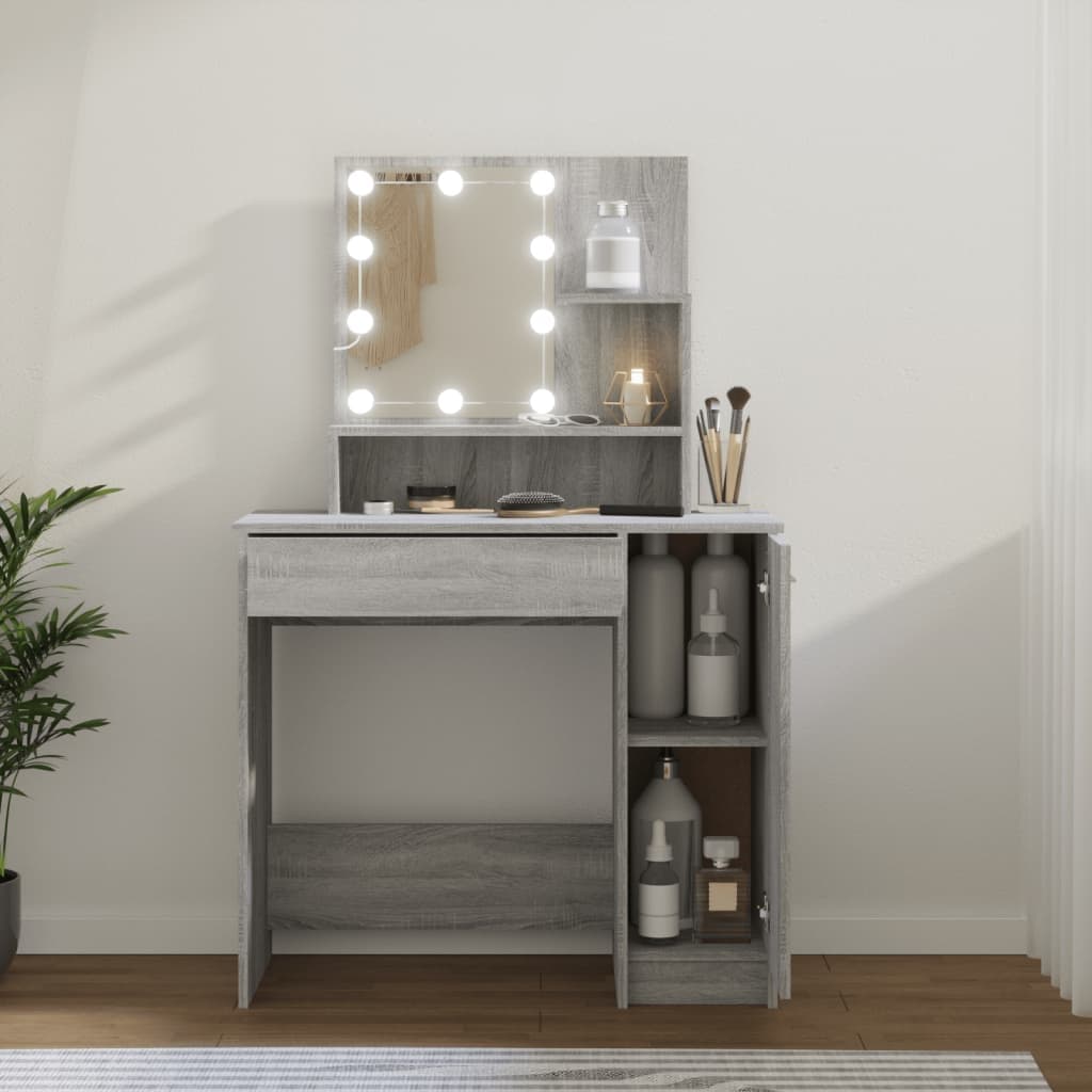 vidaXL Sminkebord med LED grå sonoma 86,5x35x136 cm