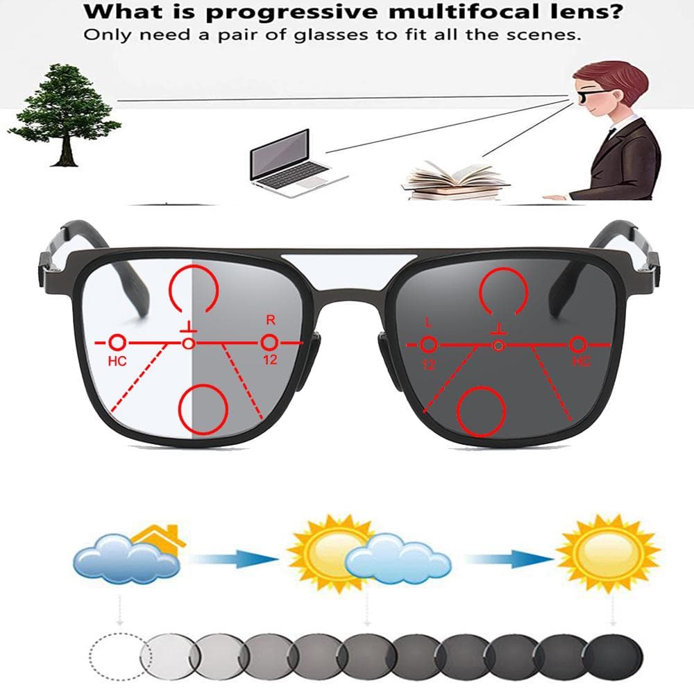 Fotokromatiske progressive multifokale lesesolbriller Retro rektangulære Komfortable lesebriller +0,75 Til +4 Se nær og Fa cm Svart