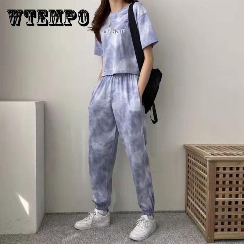 2 STK Fritidsdress for kvinner, koreansk sommerversjon Løs Tie-dye Sportsklær Treningsdress Todelt kortermet T-skjorte med vidde ben buksedress cm