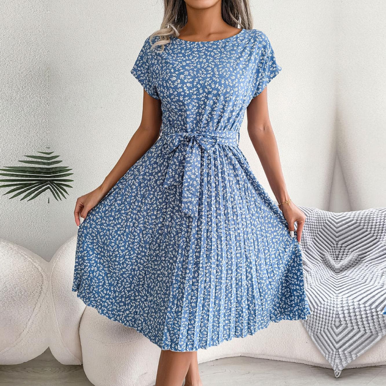 Vår Sommer Kvinner Kortermet Floral Plissert Høy midje A Line Lang Kjole S-XL cm Blå