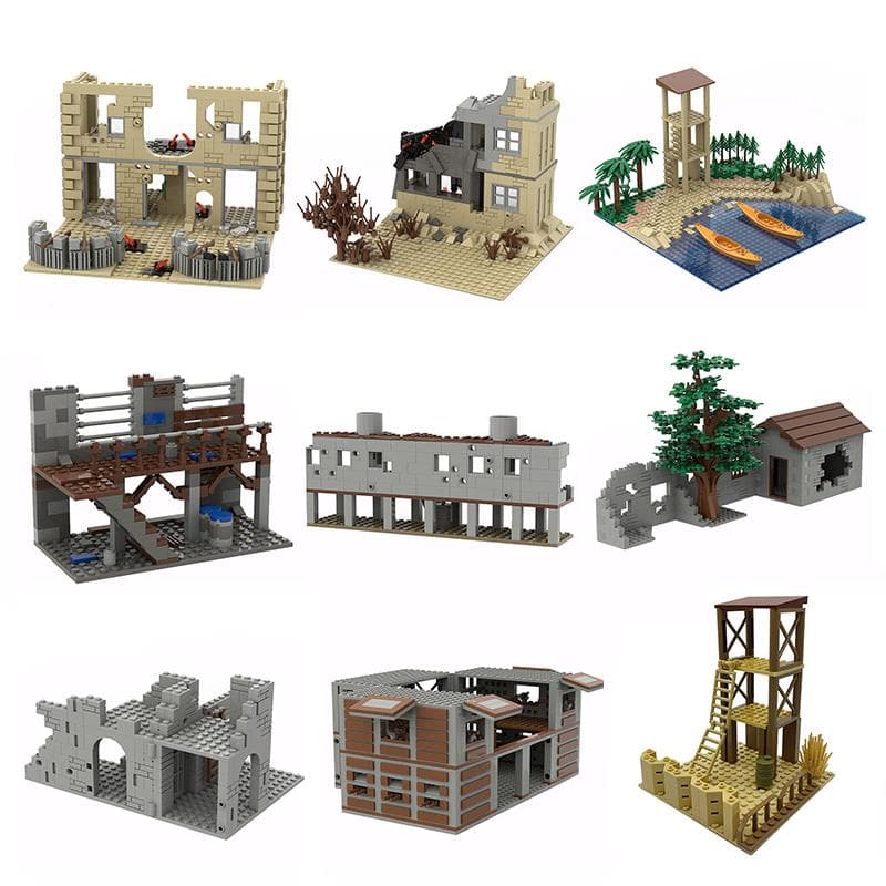 MOC Deler Militær Slagmark WW2 Ruiner Våpen Festning Bunker Modell Byggeklosser Hær Arkitektur Klosser Leke Barn Gave