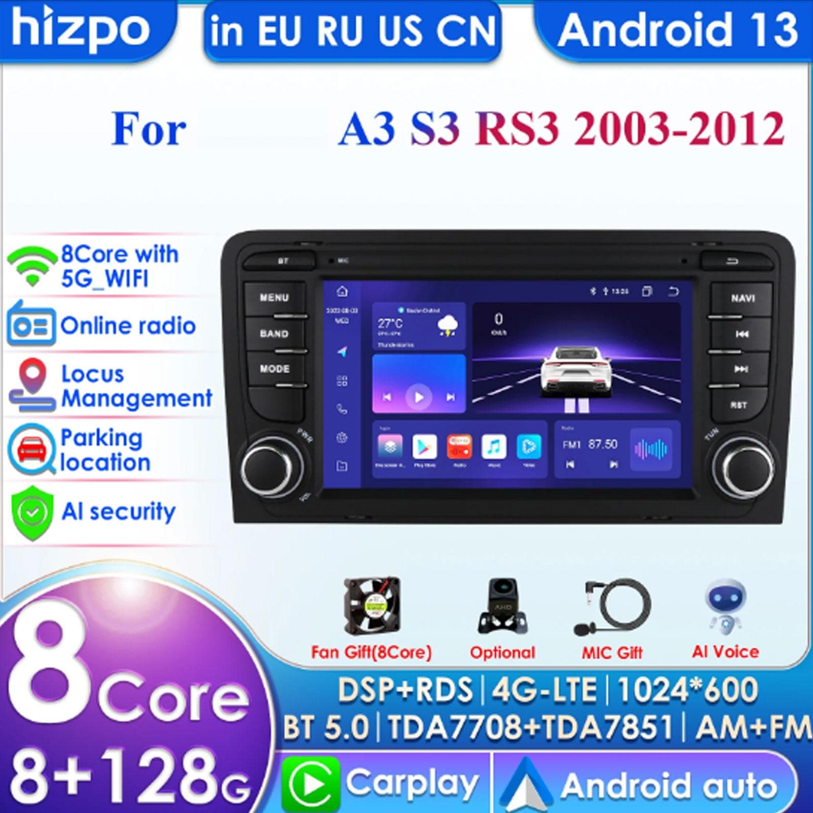 Hizpo 8-kjerners DSP Bilmultimediespiller for RS3 Sportback A3 8P S3 2003-2013 Carplay 4G Autoradio RDS GPS BT 4G-LTE WiFi AI Intelligent Navigasjon