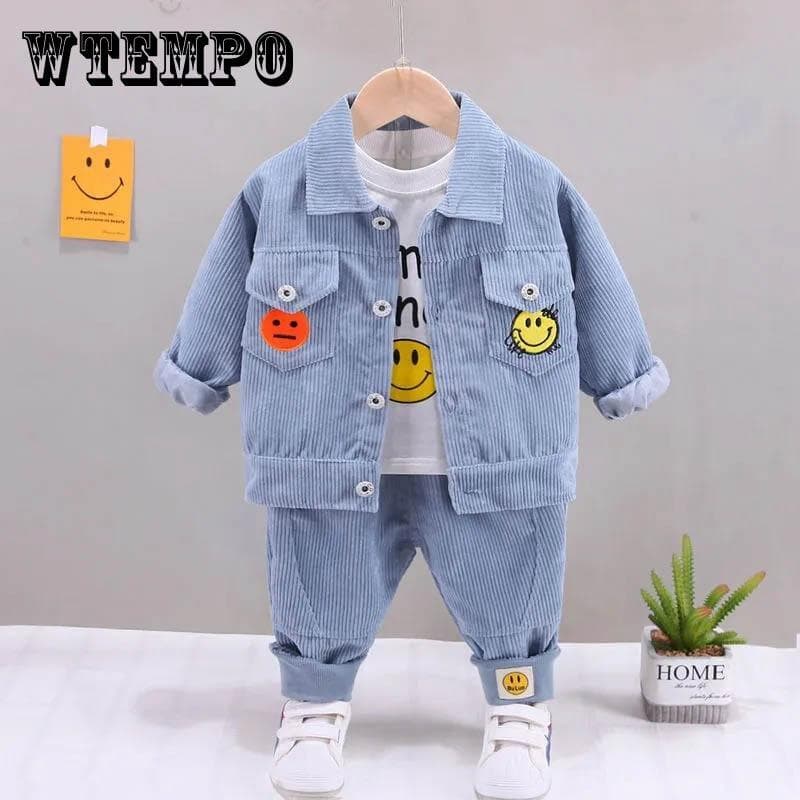 Gutter vår og høst dresser baby tynn tredelt sett utskrift kontrast farge design smiley mønster langermet jakke topp bukser tredelt sett cm
