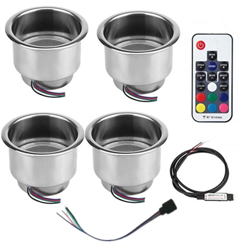 4X Fargerik RGB LED Lys Rustfritt Stål Koppholder Med Fjernkontroll Bil Bobil Båt Yatch