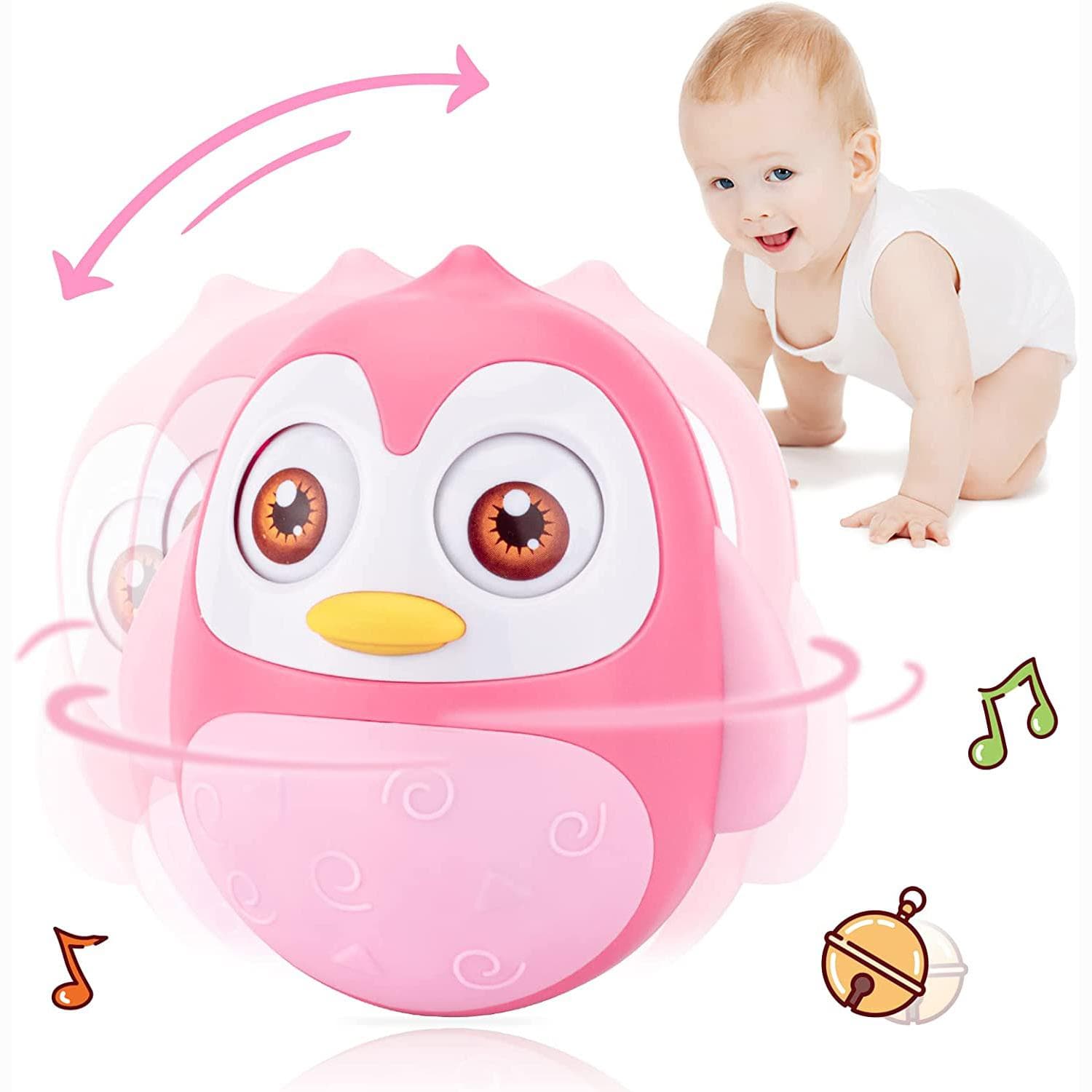 Roly Poly Baby Leker 6 til 12 måneder, Tummy Time Wobbler Leker, Penguin Tumbler Wobbler Leker for spedbarn gutter jente gaver Rosa