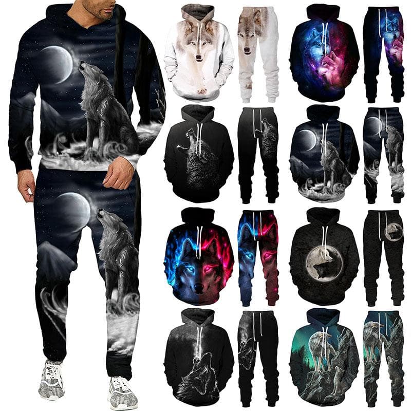 Ulv 3D-print Hettegenser Drakter Høst Vinter Menn Kvinner Dyremønster Sett Vintage Treningsdress Unisex Hettegenser + Bukser Todelt Sett cm