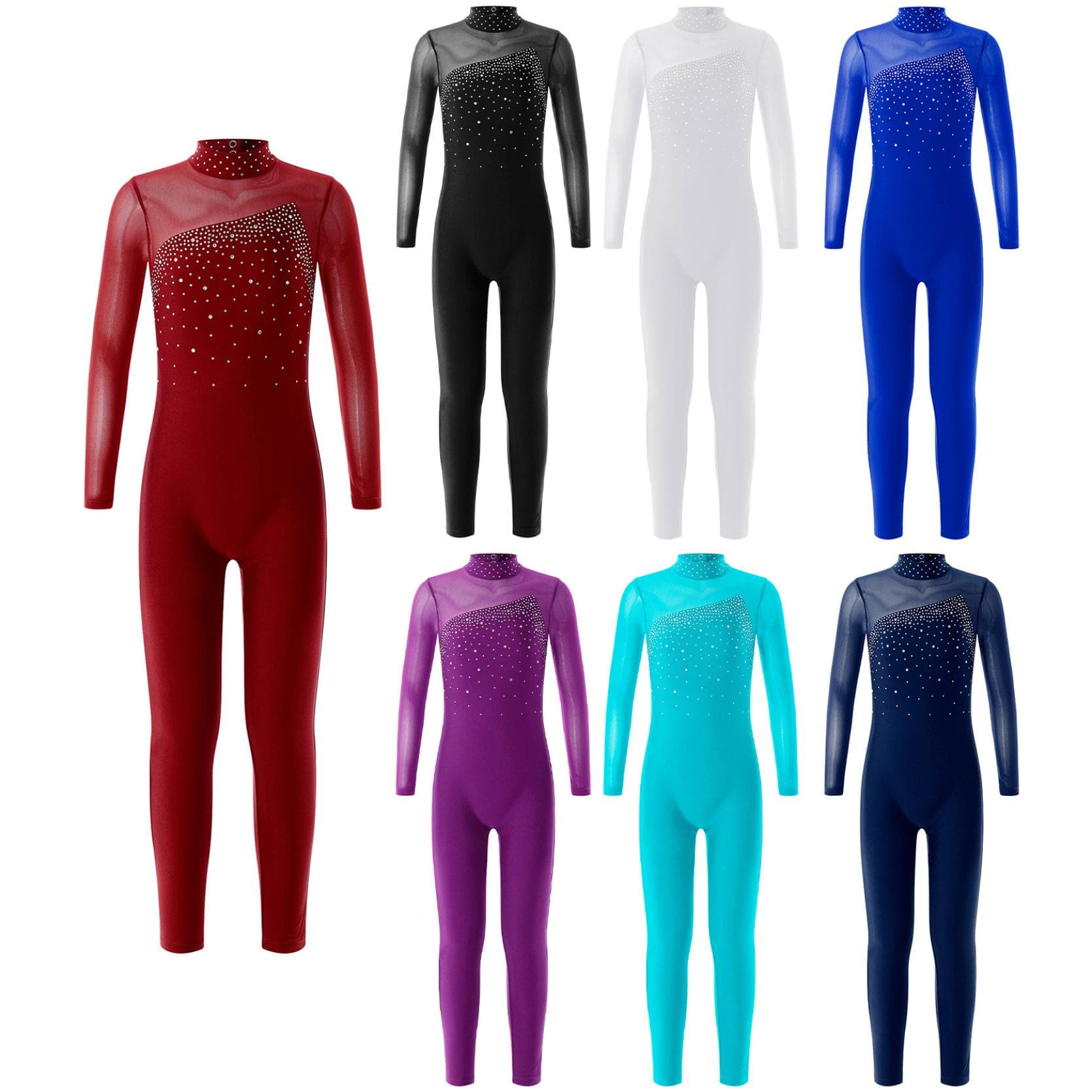 Barn Jenter Stilig One Piece Skating Klær Langermet Rund Krage Skinnende Rhinestone Dekor Danse Leotards cm burgunder farge