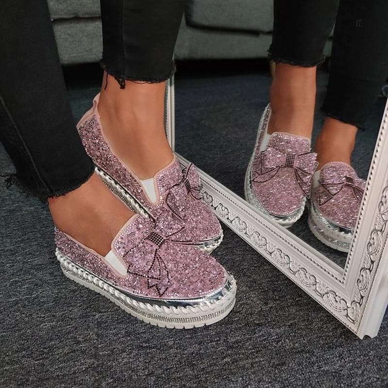 Mote Rosa Dame Skinnende Rhinestone Loafers Sløyfeknute Slip-on Tykk Såle Casual Damer Krystallsko Kvinners Platformsko cm Svart