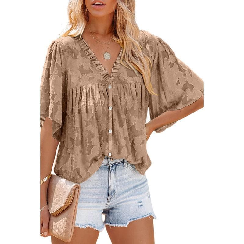 Dameklær V-hals Sommer Chiffon Bluse Ensfarvet Trompeterm Blonder Kuttet Ut Topp cm kaffe