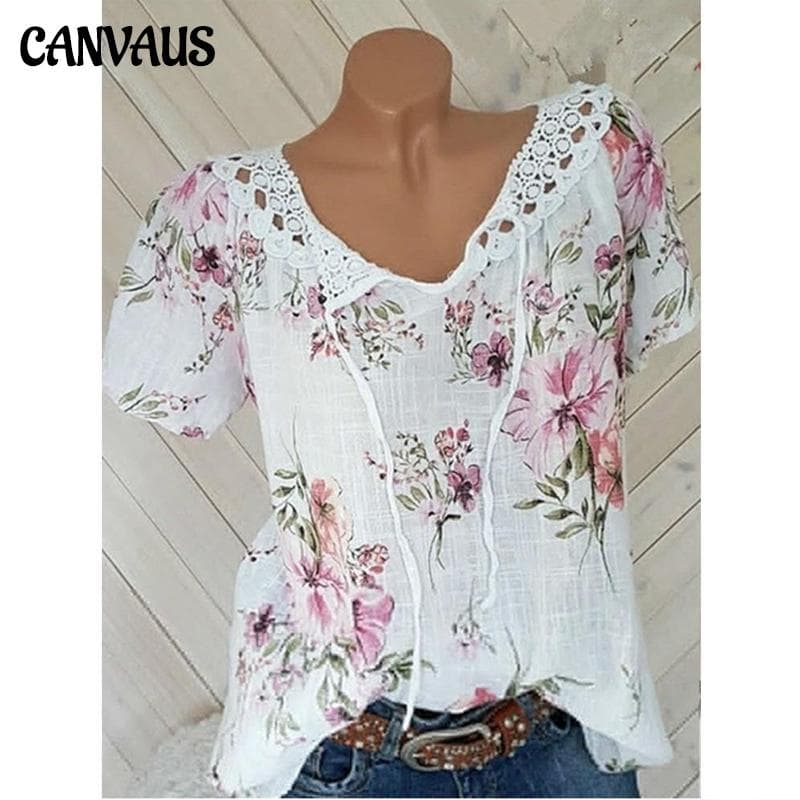 Summer Casual kvinners trykt V-hals T-skjorte blonder kortermet topp cm Hvit
