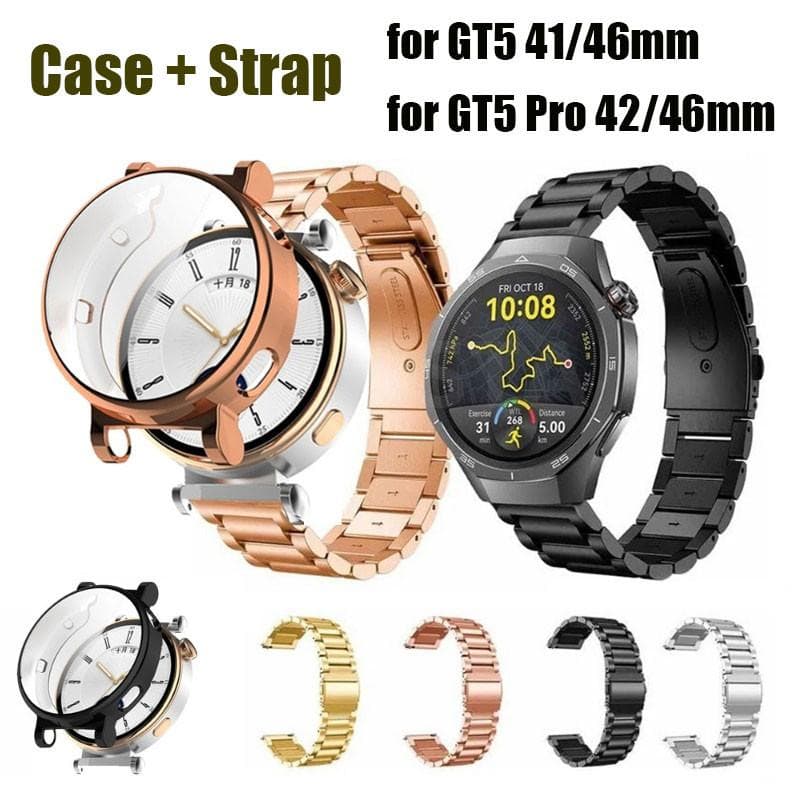 Veske + bånd i rustfritt stål for Huawei Watch GT 5 41mm 46MM metallrem armbånd for Huawei Watch GT 5 GT5 Pro 41MM 46mm armbånd gull