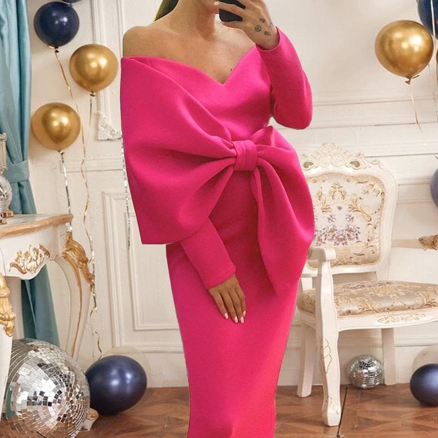 Kvinner Lange Festkjoler Bar Skulder Stor Sløyfe Plus Størrelse Slank Bodycon Kjoler Kjendis Bursdag Middag Anledning Kjoler cm lys rosa