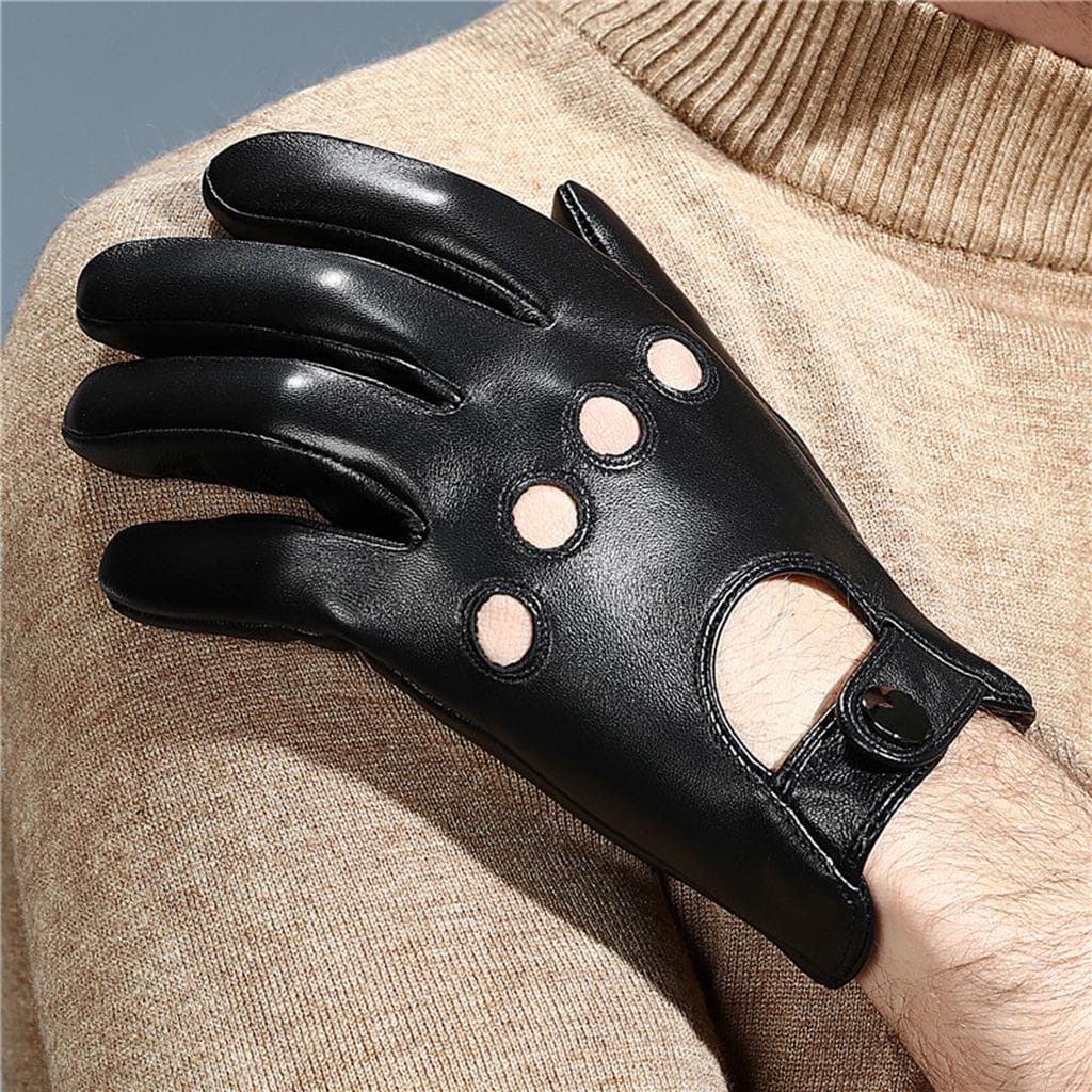 Menn Retro svart skinn kjørehansker Lined Screen Touch Short Gloves Svart
