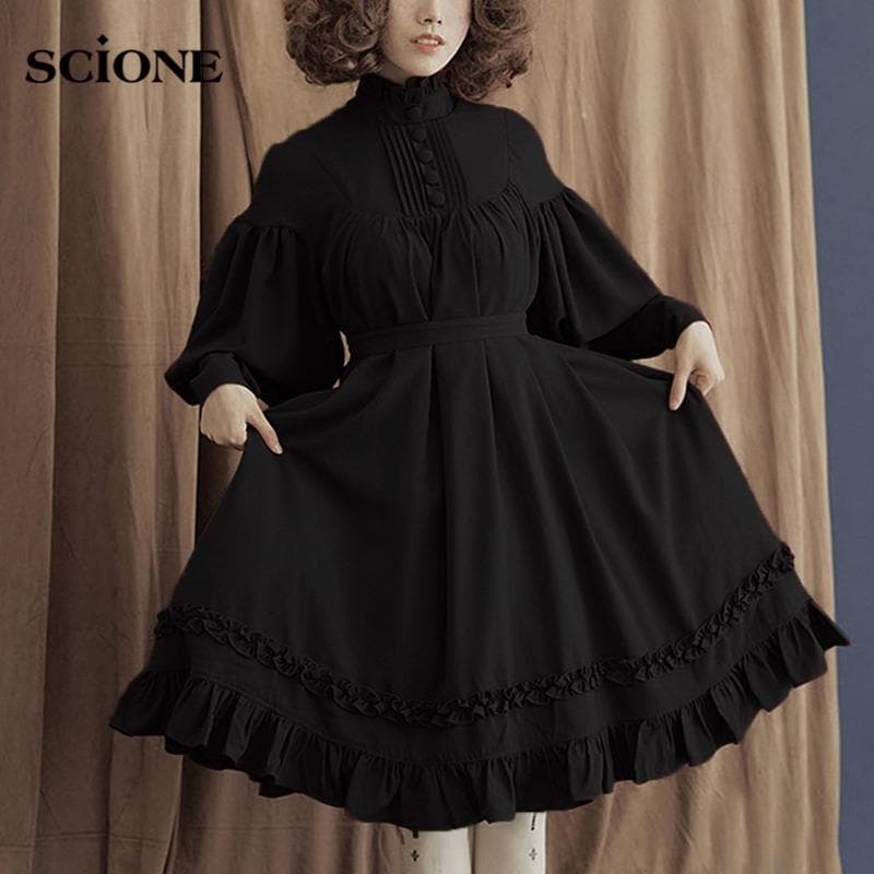 Scione Vintage Damekjole i gotisk stil Lanternekjole med snøring Søte Søte Lolita kvinnelige kjoler cm Svart