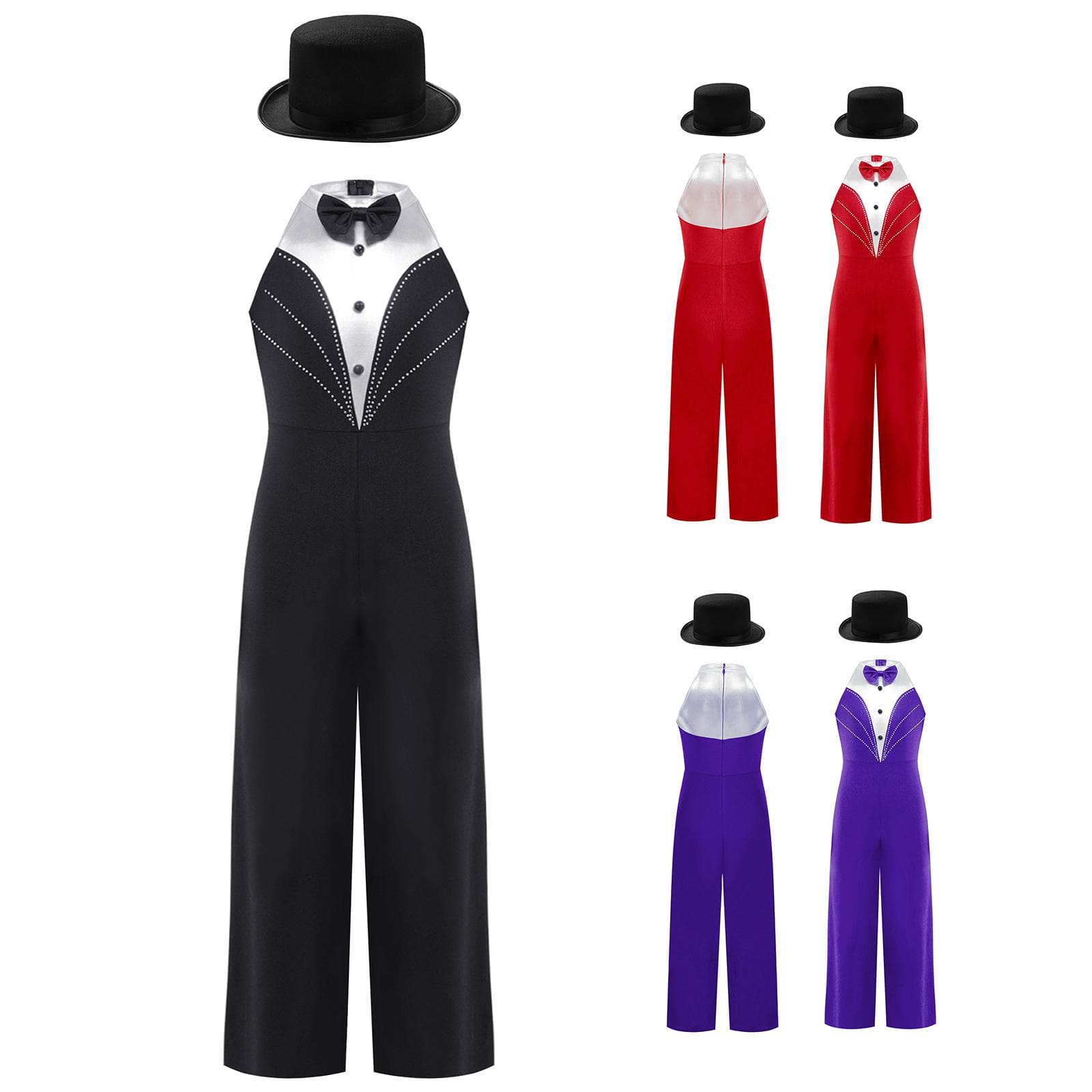 Jazzedrakt for jenter Metallisk lappeteppe Jumpsuit Strass Fargeblokk Ermeløs Body Ytelseskostyme med Flosshatt cm Svart