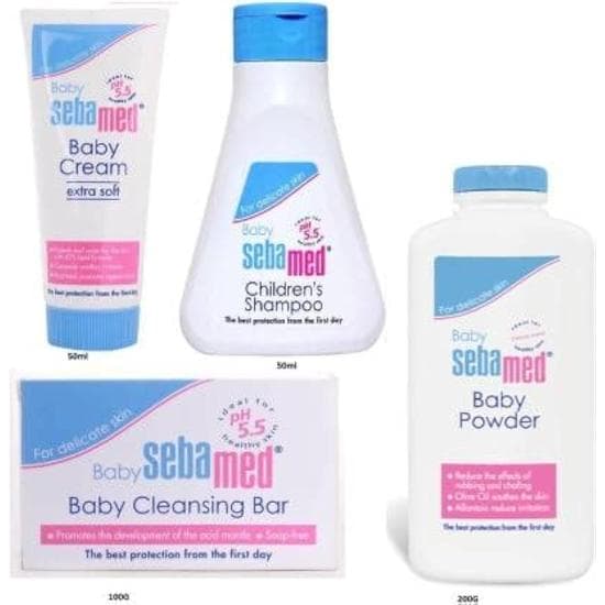 SebaMed Babypleie-kombinasjon – Krem, Puder, Rensebar og Sjampo | Skånsom Babyhudpleie | Pakke med 4