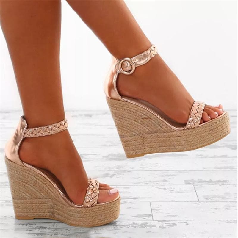 Gullhvite Sommer Sexy Platåsko Kiler Sandaler Høy Hæl Mote Špen Tå Elevator Dame Pumps Sandaler Pluss Størrelse 34-43 cm gull