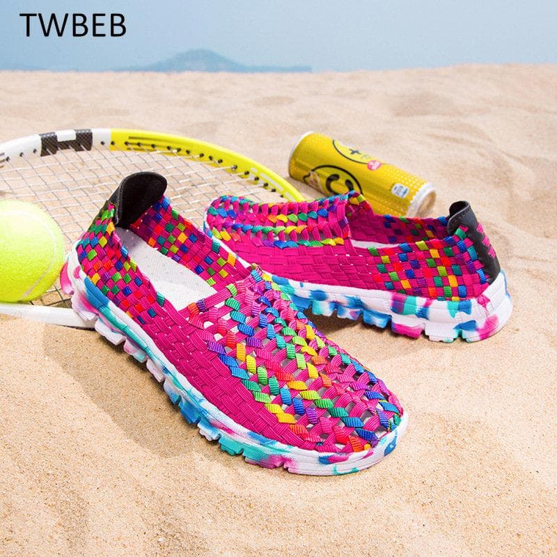 Sommer Damesko Damesko Damesko Casual Flate Vevde Sko Pustende Sneakers Slip on Fargerike Mujer Pluss Størrelse 41 cm