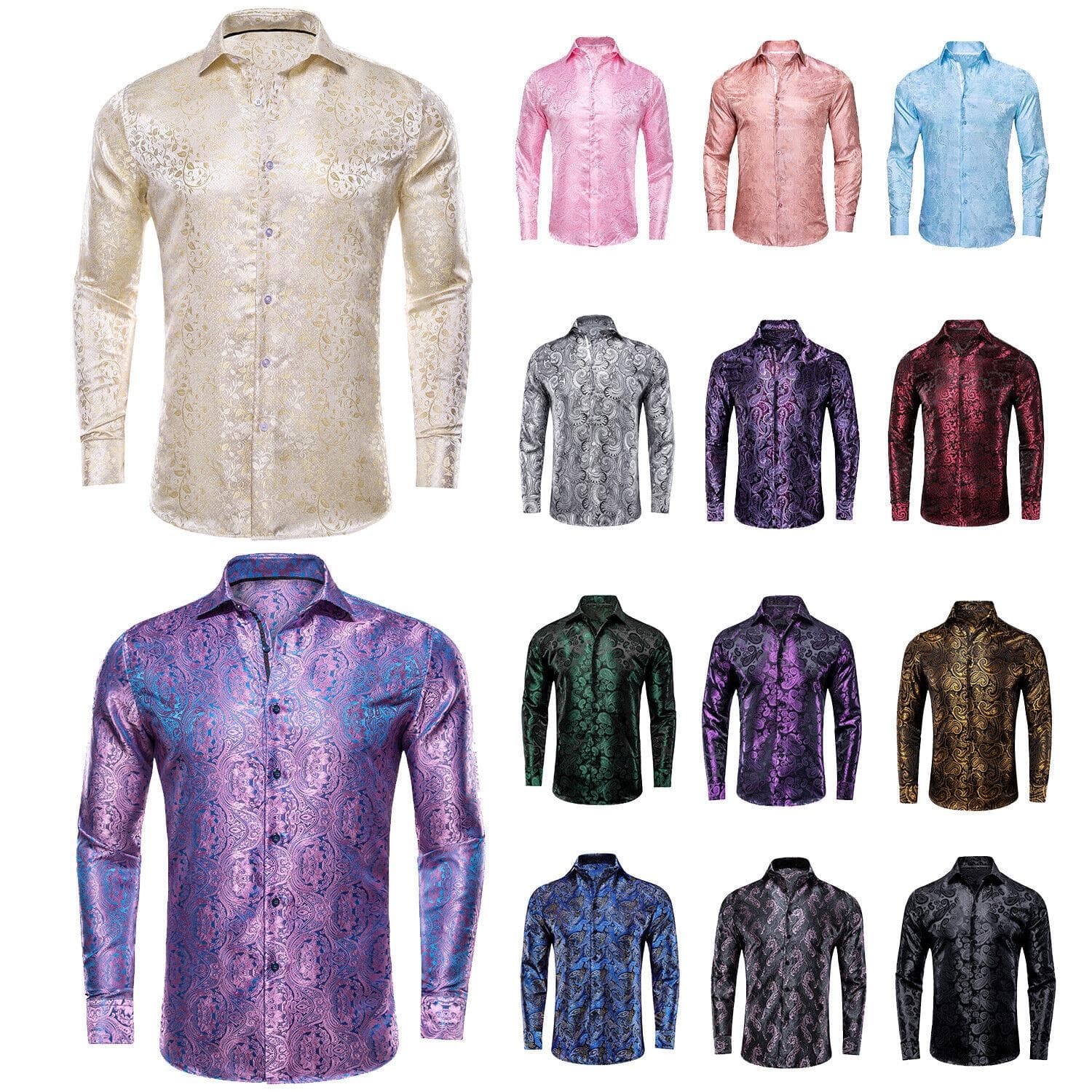 Hi-Tie Herre Paisley Silk Langermet Skjorte For Menn Jacquard Mannlig Business Party Brudekjole cm Lilla