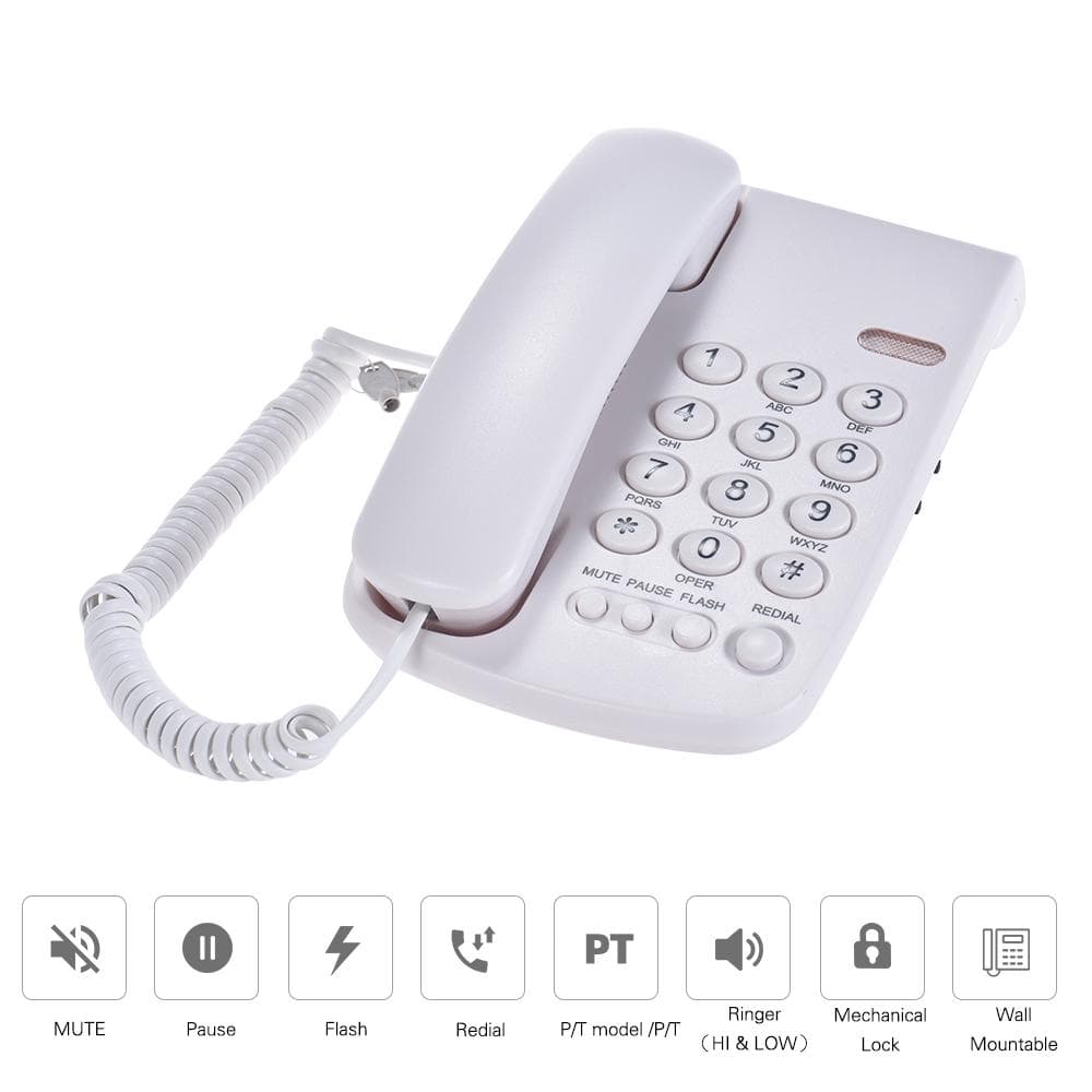 Bærbar telefon med ledning Mekanisk lås Veggmonterbar håndsettbase Hvit