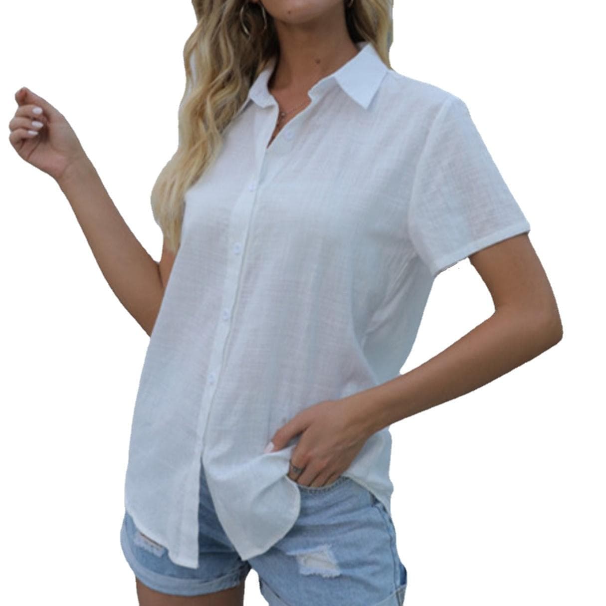 Bomull Linskjorter Vår Sommer Hvit skjorte Ensfarget Kortermede Overdeler Dame Løs Button Up Bluse cm Rosa