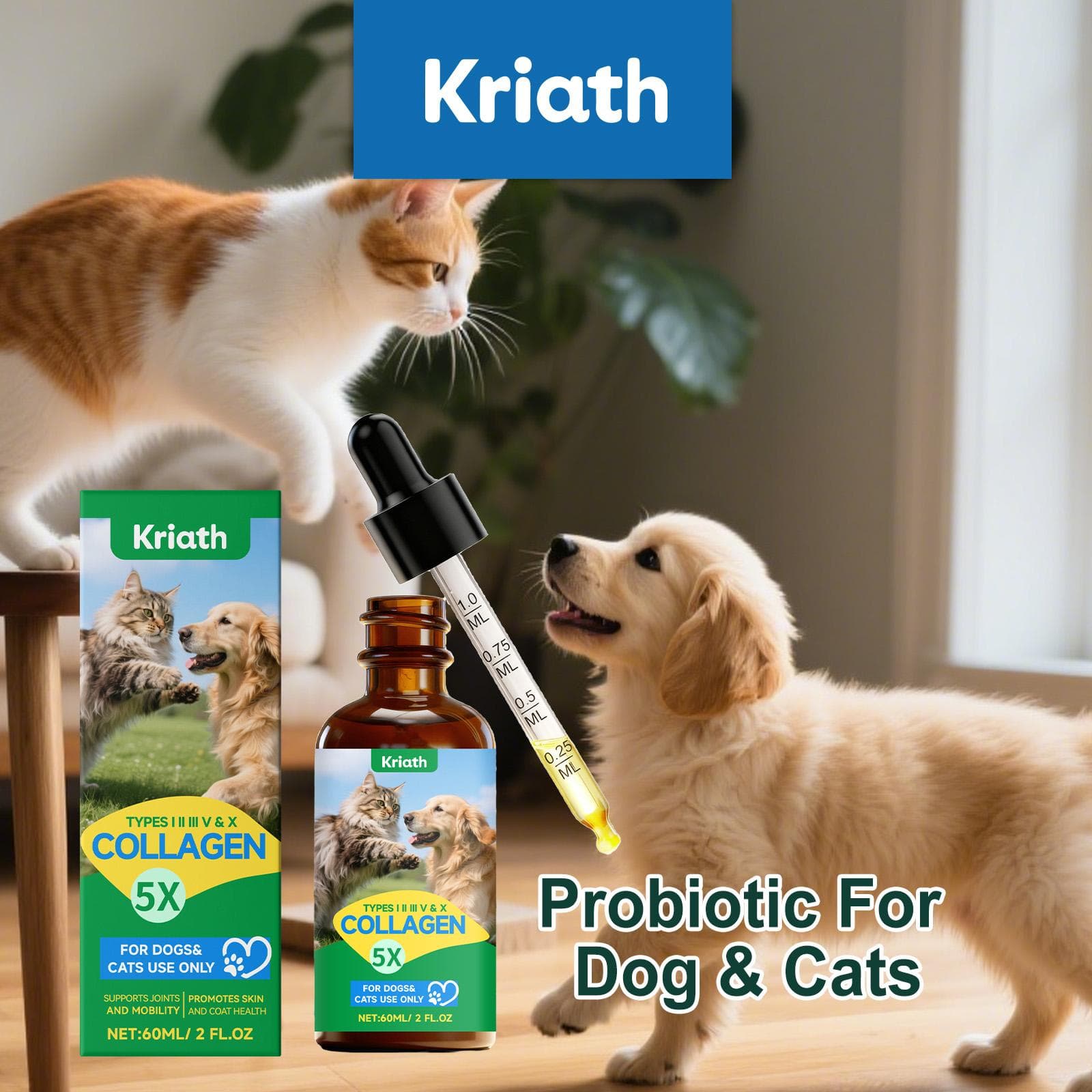 Kriath Pet Kollagendråper 60ml, katter og hunder. leddpleie, hudhelse, pelskvalitet, tarmhelse, styrking av immunforsvaret for kjæledyr.