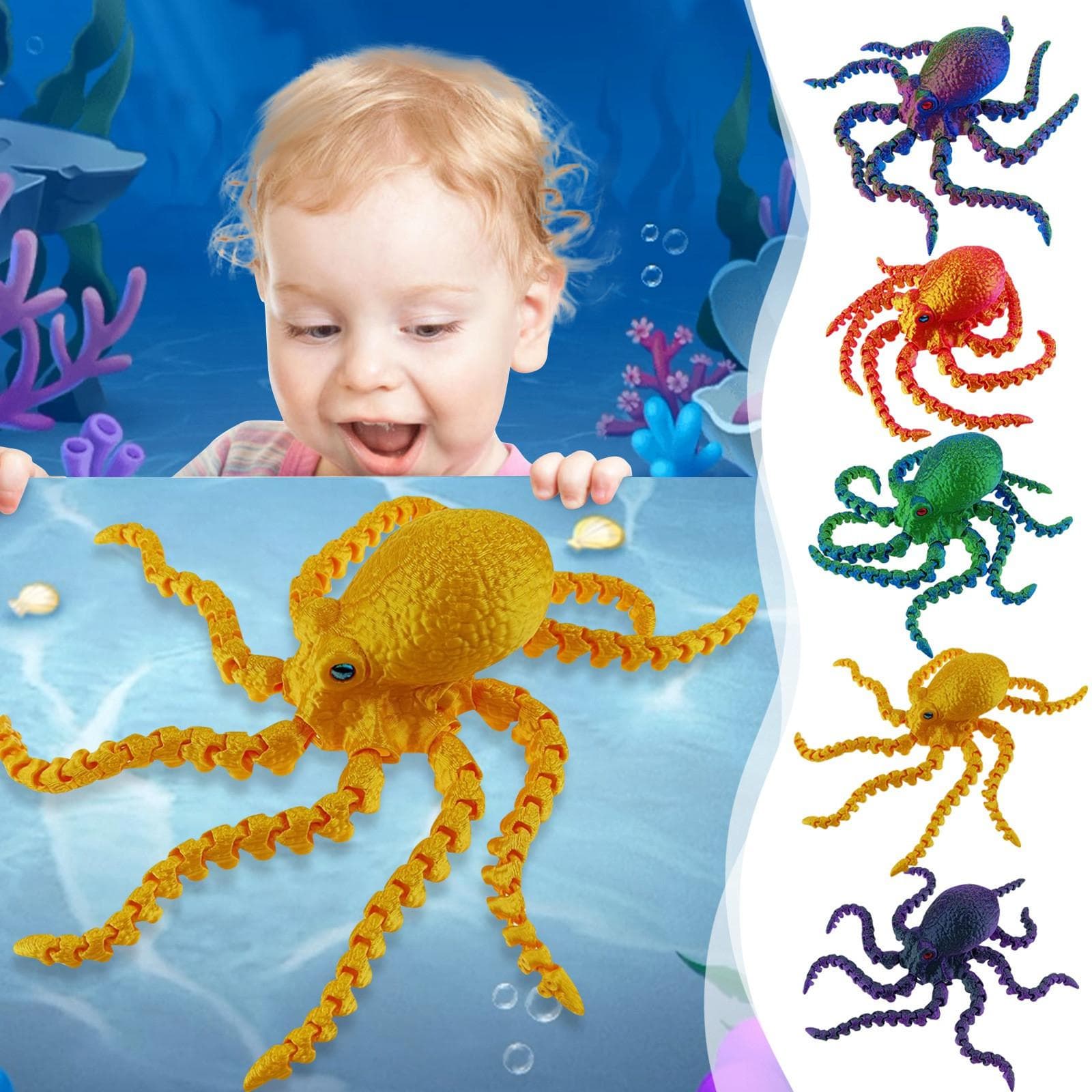 3D-trykt Kraken Toy Flerfarget prøve med simulerte øyne, bevegelige ledd, gradient lysende Rød