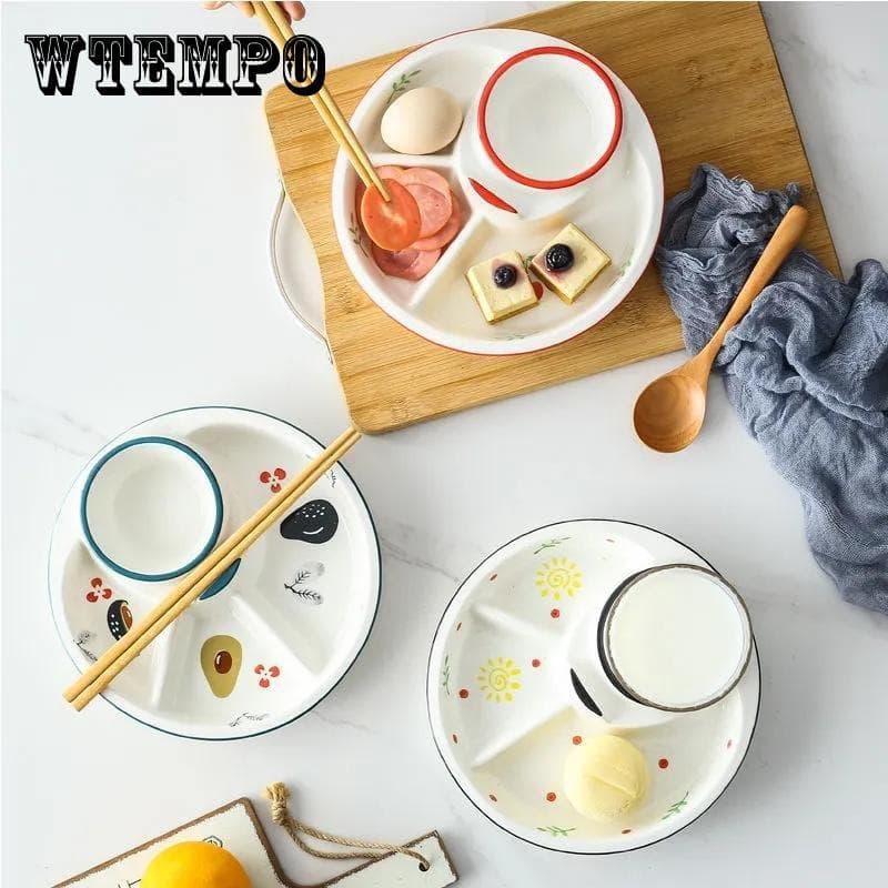 Servise i japansk stil Kreativ keramisk skillefat Tre-gitter Ristallerken Barnemiddagstallerken Dim Sum Frokosttallerken Husholdningsrett