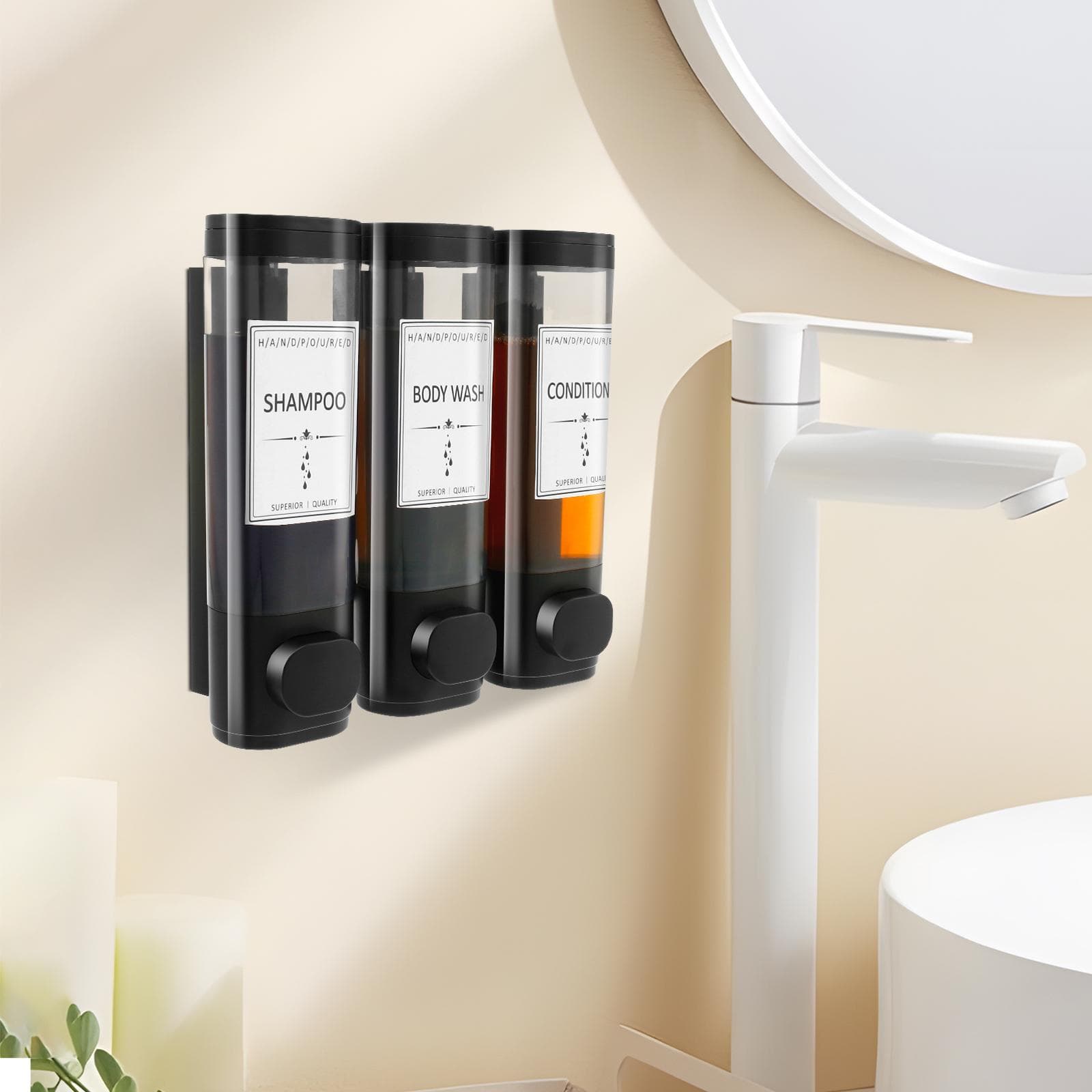 Veggmontert Såpedispenser Baderom Sjampo og Balsam Dusjsåpe Dispenser Beholder Flaske for Baderom Kjøkken Hotell Svart
