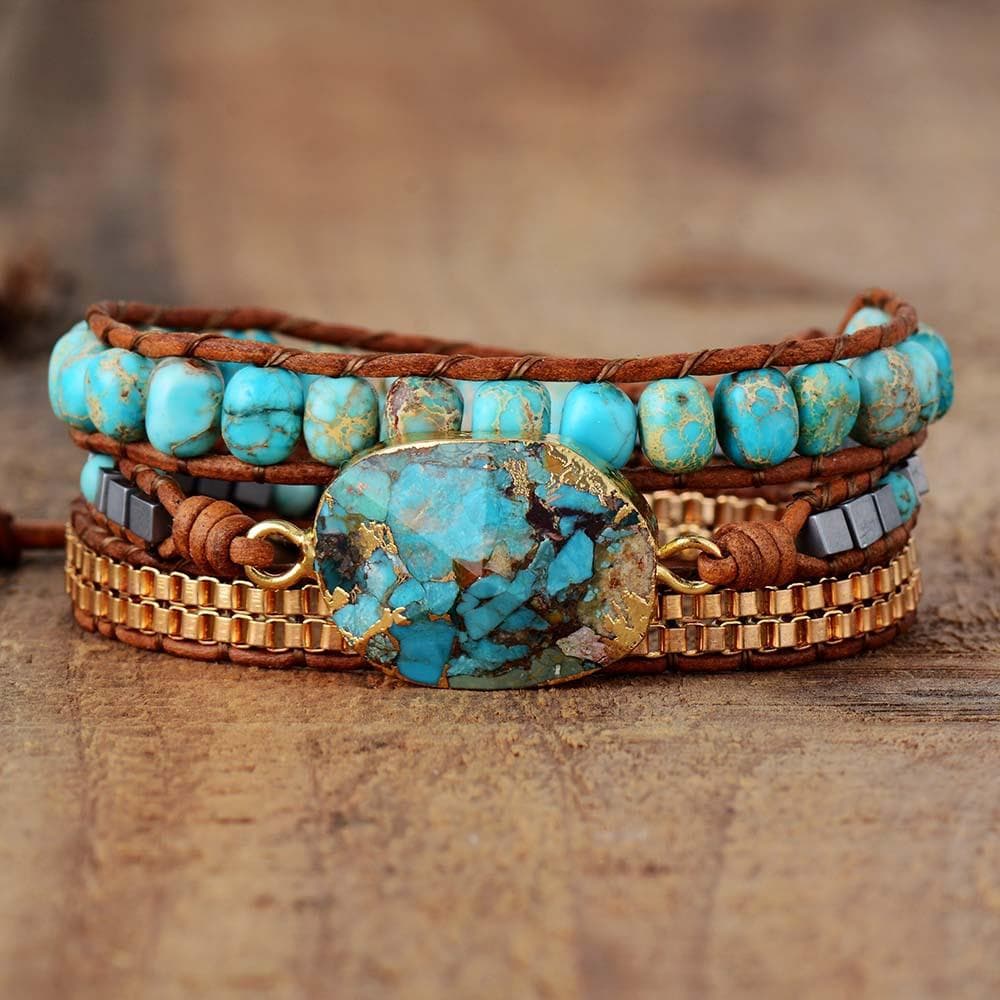 BLINGBAY kvinners armbånd Boho stil Cutaway turkis armbånd smykker Trippel wrap håndvevd skinnsnor armbånd jente fest bursdag smykker gave gull