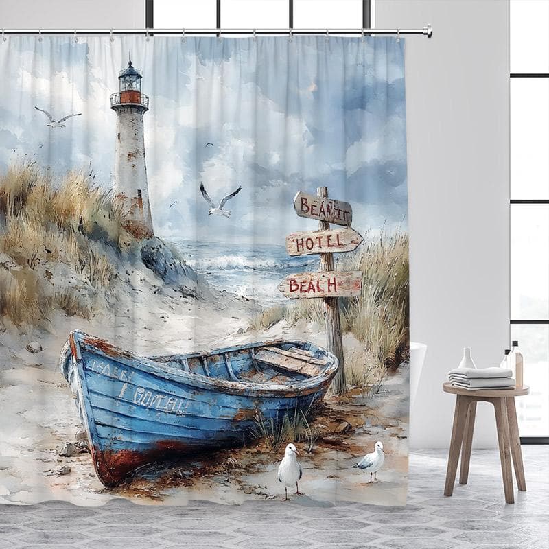 Blåhav Fyr Dusjforheng Vintage Båt Måke Havbølger Akvarellkunst Moderne Baderomsgardindekor Med Kroker