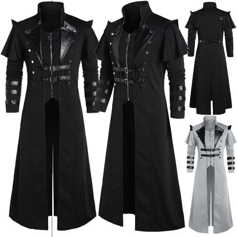 Vintage Halloween Middelalder Steampunk Assassin Alves Piratkostyme Voksne menn Svart lang splittjakke gotisk rustning skinnfrakker cm Svart