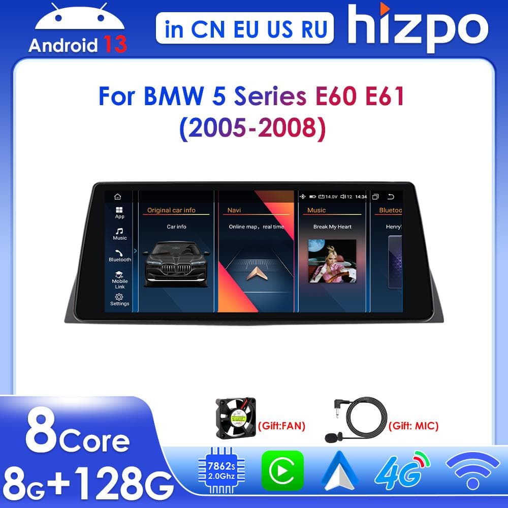 Hizpo 2din Android Bilradio Multimediaspiller for BMW 5-serie E60 E61 E63 E64 3-serie E90 E91 E92 E93 Stereo GPS Carplay 4G RDS GPS Stereo DVR