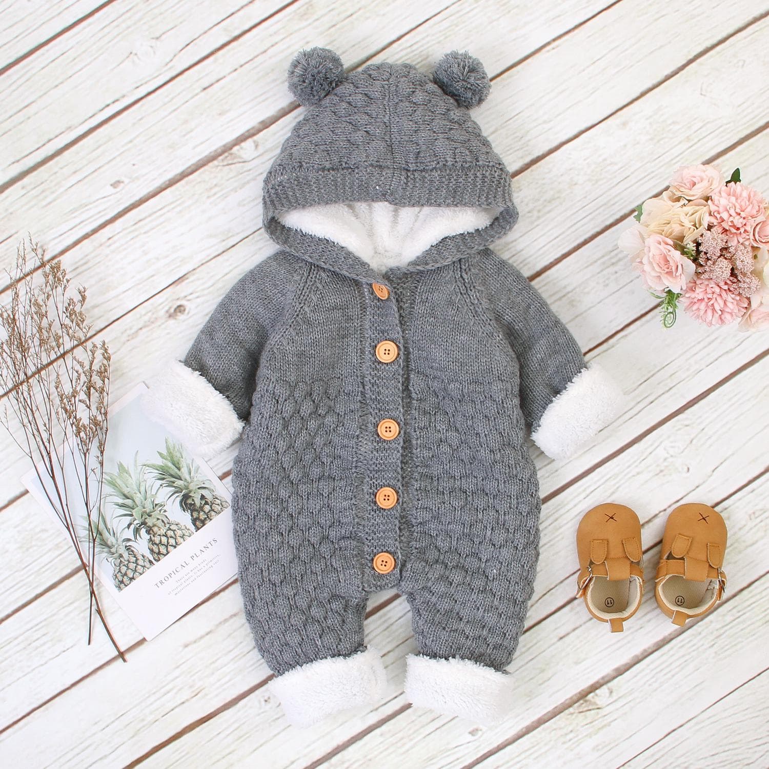Babyromper Strikket spedbarn Gutter Jenter Jumpsuits Høst Vinter Myk Varm Nyfødt Bebes Overalls One Piece Småbarn Lekedresser cm Grå