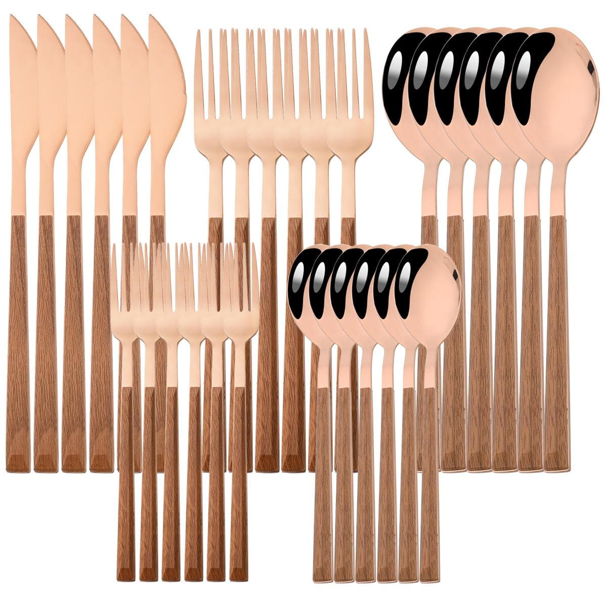 16/24/30 stk Imitert trehåndtak Middagsservise Sett Speil Rustfritt Stål Bestikk Kniv Gaffel Kaffeskje Sølvtøy Vestlig Flatware Sett Svart/sølv