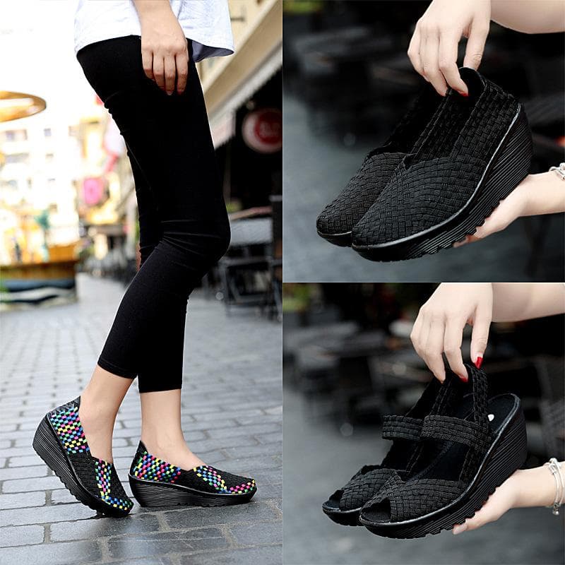 Dame Pluss Størrelse 35-42 for Kvinner 2025 Kilesåler Plattform Sneakers Vev Hule Damesko Slip-on Fritidssko cm Svart