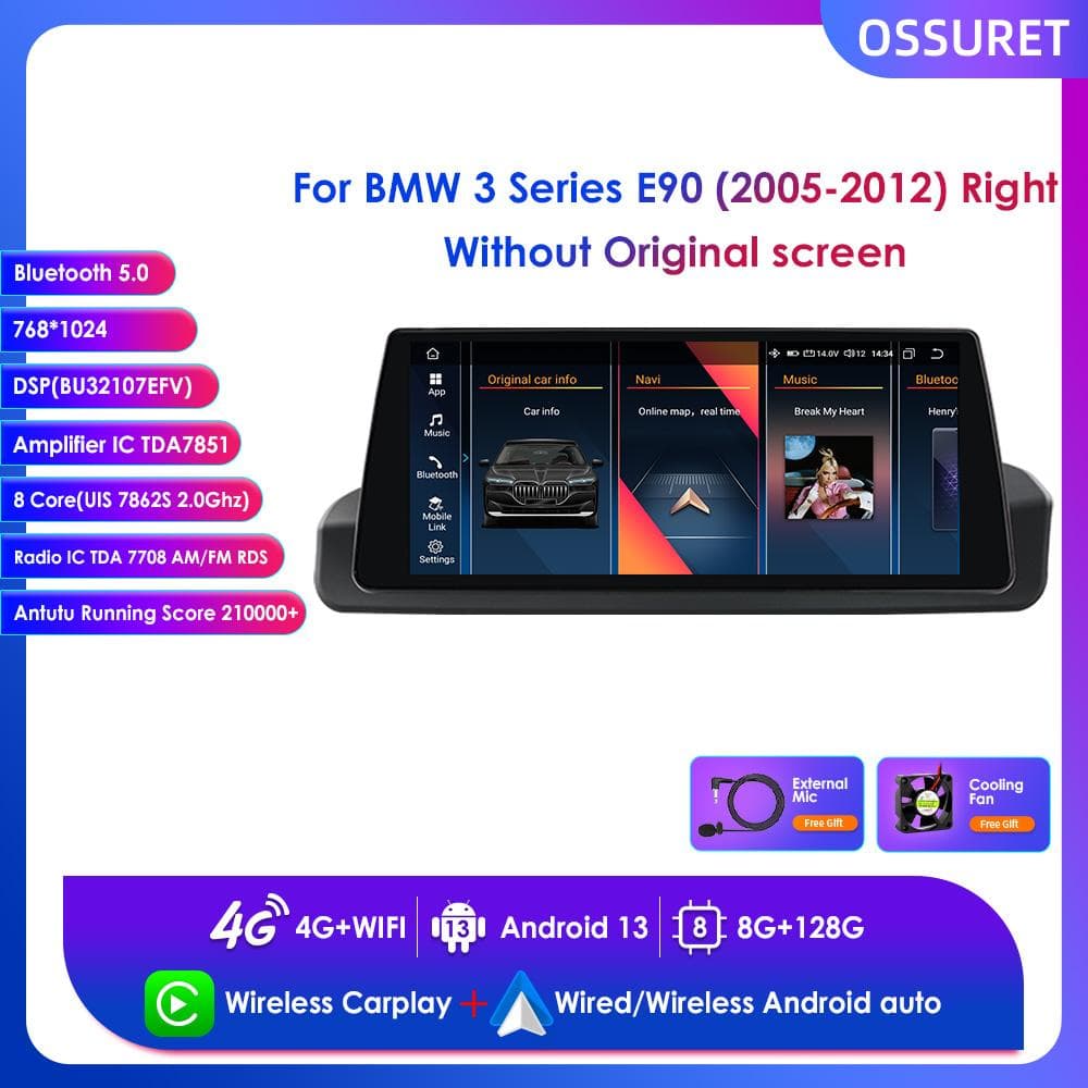 Ossuret 10,25  Bilradio for BMW 3-serie E90(2005-2012)Uten original skjerm (Kun høyrestyring) Intelligent Trådløs Carplay Android Auto
