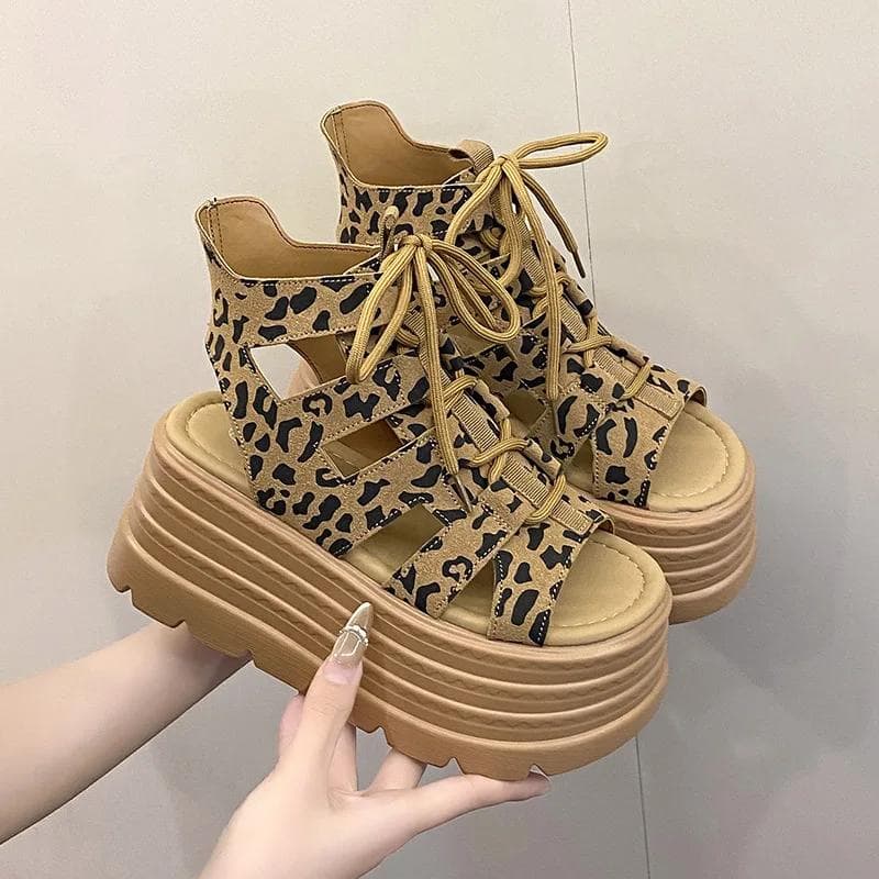 Mote Ung Jente 8cm Plattform Sandaler Mote Tykk Hæl Leopard Designer Sko Dame Kile Pumps Tacones Sandalias Sommer Kule Støvler cm leopardtrykk farge