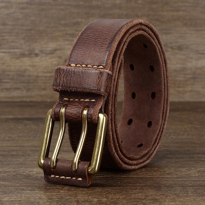 Belte for menn Lær Arbeid Kraftig Dobbeltspenner Dlawed Ekte Lær 3,8 cm Mann Kobberspenne Retro Brun Herrebelte 115cm