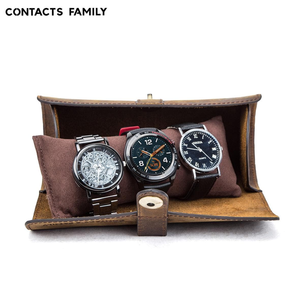 KONTAKTER FAMILIE 3 Slot Watch Roll Display Box Retro Cow Leather Travel Watch Case Håndledd Smykker Oppbevaring Pose Organizer Gave kaffe
