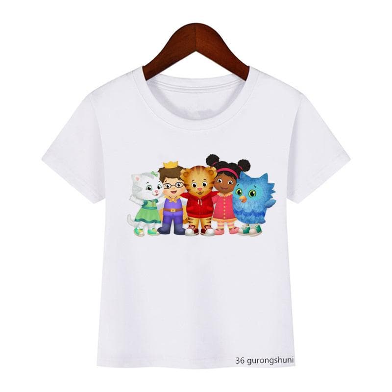 Mote T-skjorte for barn Søt Daniel Tiger's Neighborhood Tegneserietrykk Gutte-T-skjorte Sommer Harajuku jenter T-skjorter Hvite topper cm