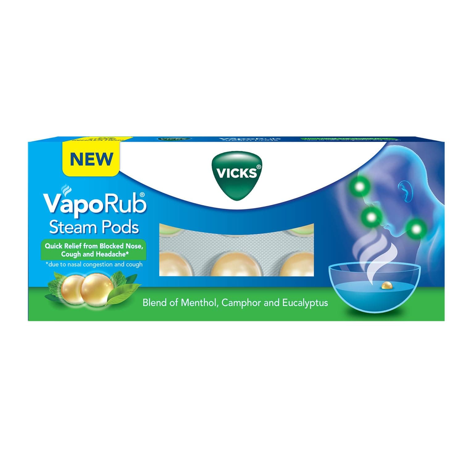 Vicks VapoRub SteamPods 10 Kapsler Pakke med 1 For Dampinhalasjon Rask Lindring Tett Nese Bihuler Hoste Hodepine