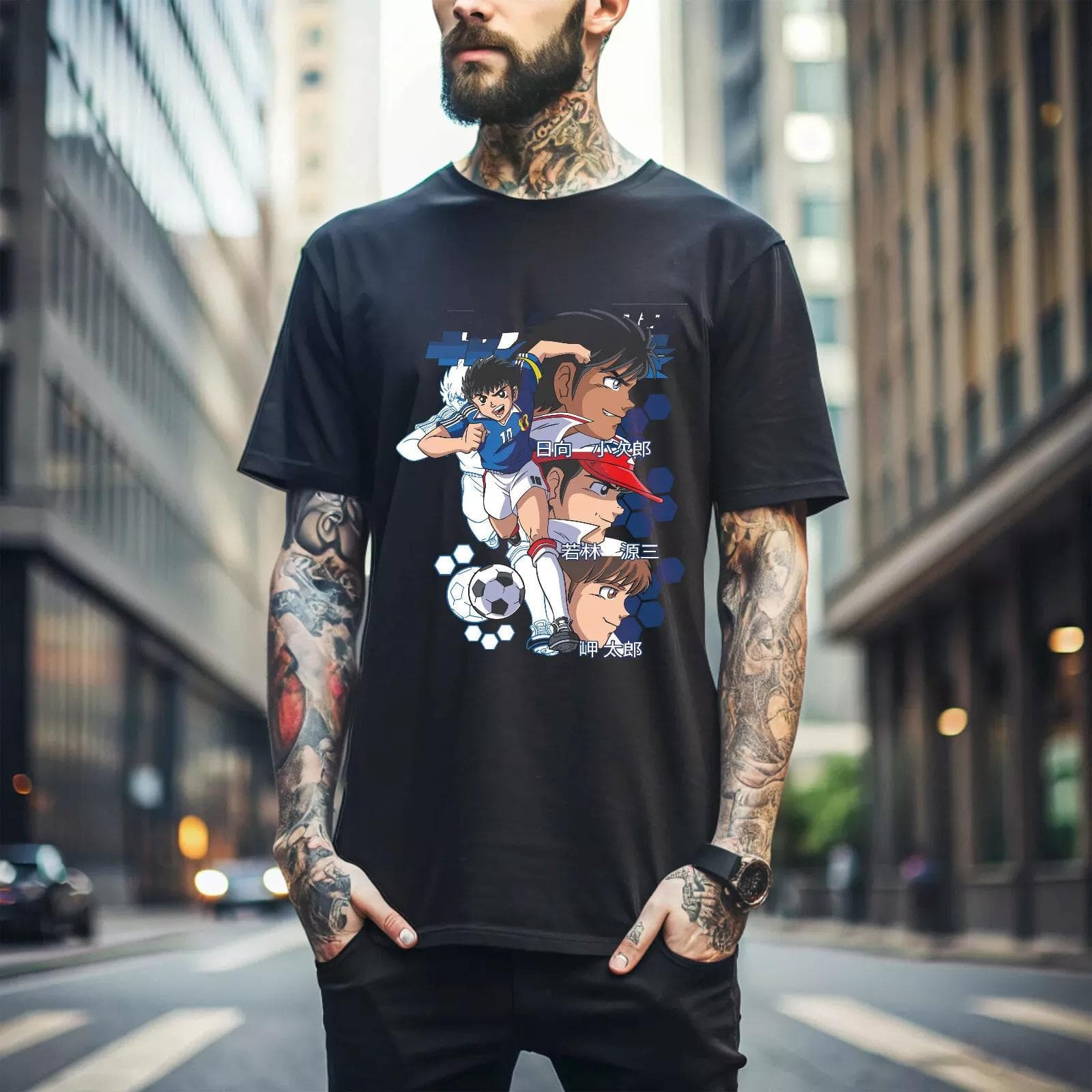 100% bomull TOPPER UNISEX T-SKJORTER HERRER DAMER T-skjorte Supercampeones T-skjorte Oliver Kaptein Tsubasa Ny py Anime Lag 260 cm Svart
