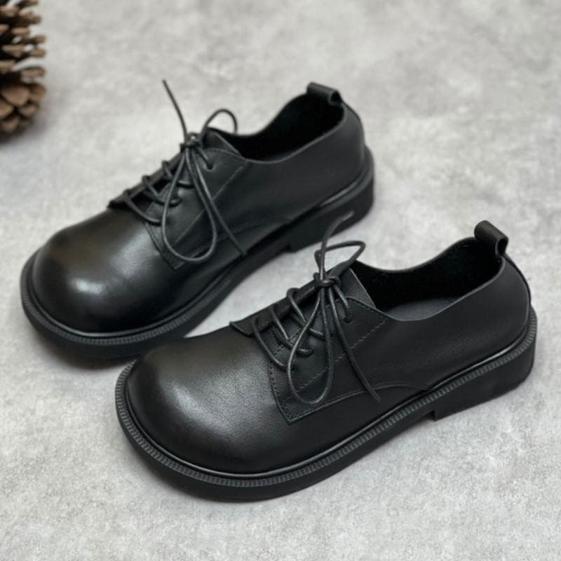 Johnature ekte skinn kvinner Casual Pumps Retro kuskinn myk såle rund tå ensfarget snøresko cm Svart