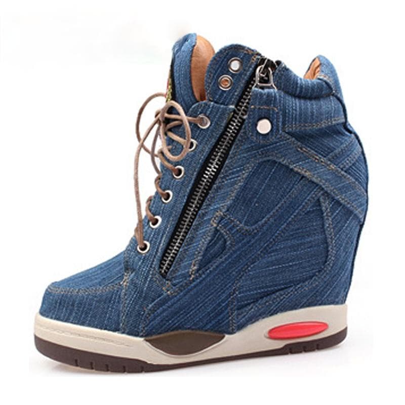 Stor Størrelse Dame Denim Kilesko Sneakers Høst Plattform Fritid Mote Damer Sideglidelås Vulkanisert Sko Tykk Såle Høy Hæl cm